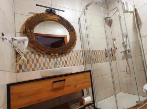 a bathroom with a sink and a mirror and a shower at Pod Herbami in Frysztak