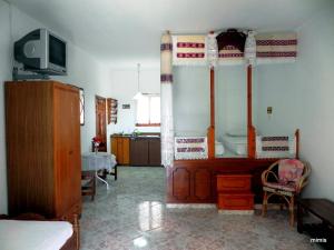 1 dormitorio con 1 cama y TV en una habitación en Mihalis Studios, en Karpathos