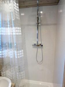 a shower in a bathroom with a shower curtain at Lower Haven Shepherds Hut in Bath