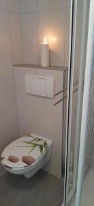 een badkamer met een toilet met een kaars erop bij Bungalow Waldblick in Ganzlin