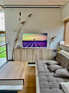 a living room with a couch and a tv on a wall at Svenceles Namai in Svenele