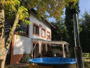 uma casa com uma banheira azul em frente em Dom Pod Sosnami em Mielno