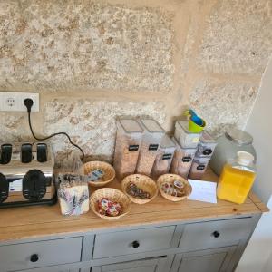 a kitchen counter with a bowl of food and a cup of coffee at A Dársena do Francés in Redondela