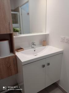 La salle de bains est pourvue d'un lavabo blanc et d'un miroir. dans l'établissement PIVOINE -12 Min des parcs Walt Disney-Arrivée autonome-Wifi&Parking gratuit, à Montévrain
