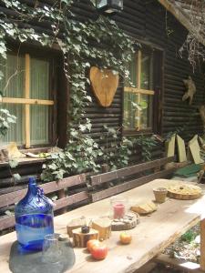 een houten tafel met eten voor een huis bij Das wilde Auwaldhaus in Bertsdorf
