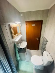 ein Badezimmer mit einem weißen WC und einem Waschbecken in der Unterkunft Serpolet - Studio - Sauna in Leysin