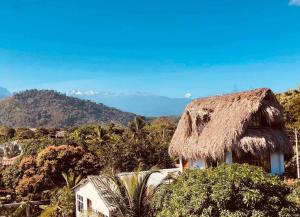 a house with a thatched roof with mountains in the background at Casa Surf Mar Azul in Palomino