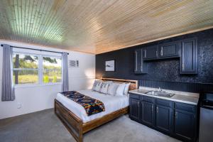1 dormitorio con cama, lavabo y ventana en Placid Bay Hotel en Lake Placid