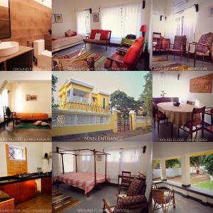 een collage van foto's van een kamer met meubilair bij PARUL - Elegant Heritage Home at the Heart of Shantiniketan in Shānti Niketan