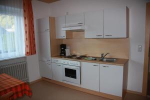 a small kitchen with white cabinets and a sink at Appartementhaus Sabine in Obertilliach