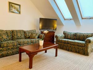 a living room with two couches and a tv at OPERA16 Guestrooms in Budapest