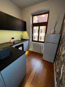 cocina con nevera blanca y ventana en elegant and relaxing nordstadt studio, en Hannover