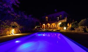 una piscina con luces moradas frente a una casa en Peace House Kyrenia, en Kyrenia