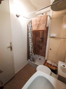 a small bathroom with a shower and a toilet at Appartement au pied des Pistes de Ski - Pyrénées (Ariège) in Montferrier