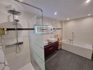 a bathroom with a shower and a sink and a tub at Villa Flora Superior Apartment in Cabris +29 photos