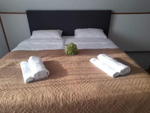 Una cama con dos toallas y una planta. en Molynė, en Kaulakiai