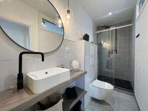 a bathroom with a sink and a mirror and a toilet at Bonjour Colmar in Colmar