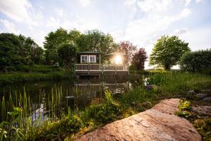 a tiny house in the middle of a pond at Hotel Johanneshof in Oberstaufen
