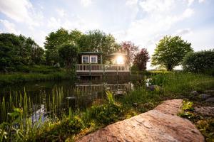 ein winziges Haus mitten in einem Teich in der Unterkunft Hotel Johanneshof in Oberstaufen