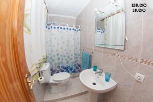 y baño con aseo, lavabo y ducha. en Apartamentos Rurales Santos, en Benajarafe