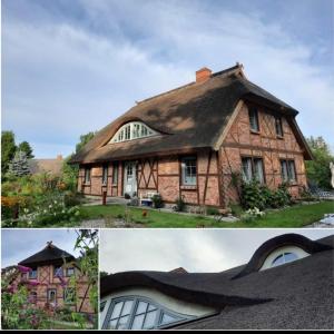 two pictures of a house with a thatched roof at Ferienwohnung Böttcher in Putbus