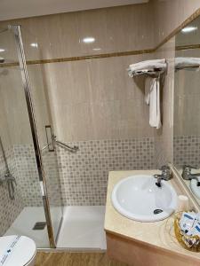 La salle de bains est pourvue d'un lavabo et d'une douche. dans l'établissement Apartahotel FC Catedral, à León