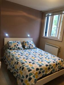1 dormitorio con 1 cama con edredón y 2 almohadas en Appartement VUE MER avec parking gratuit sur place, en Bastia