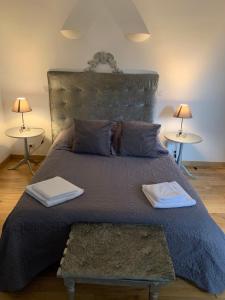 莫里尼尚皮尼的住宿－諾維勒·德維勒馬丁旅館，一间卧室配有一张大床和两张桌子