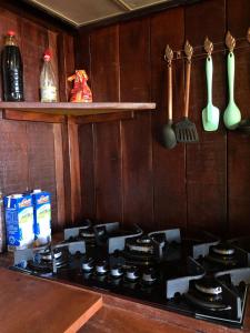 ein Kochfeld in einer Küche mit einer Holzwand in der Unterkunft Kite Point Atins in Atins