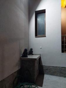 baño con 2 estatuas en una encimera en una habitación en Квартири ЦЕНТРАЛ en Dolna Mitropoliya