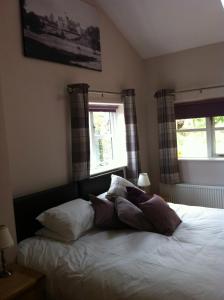 um quarto com uma cama com almofadas e 2 janelas em The Cholmeley Arms em Burton Coggles
