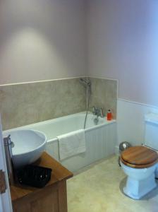 a bathroom with a toilet and a tub and a sink at The Cholmeley Arms in Burton Coggles