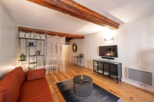 ein Wohnzimmer mit einem Sofa und einem Flachbild-TV in der Unterkunft Les Paquerettes - Apartment for 3 people in the heart of Annecy in Annecy