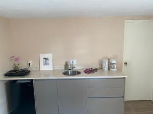 a kitchen with a sink and a counter top at Place2cu-Studio apartment in Willemstad