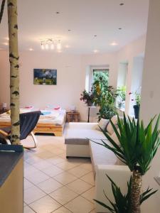 ein Wohnzimmer mit Topfpflanzen und einem Sofa in der Unterkunft Luftkurort, Perle des Neckartals in Hirschhorn