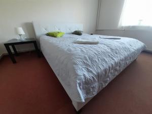 1 dormitorio con 1 cama blanca grande y ventana en Apartmán U Máslů, en Bezděkov nad Metují