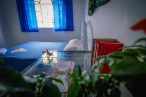 a room with a bed and a glass table at Hostal Azul Puebla Barrio El Alto in Puebla