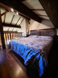 a bedroom with a large bed with a blue blanket at Maison des Isard in Saint-Pierre-dels-Forcats