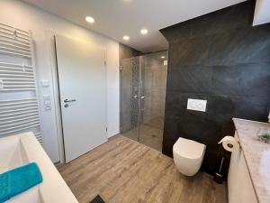 ein Bad mit einer Dusche, einem WC und einem Waschbecken in der Unterkunft Ferienhaus LEMA in Schopfloch