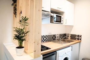 una cucina con armadi bianchi e una pianta in vaso di Les studios propres et tout équipés a Brest
