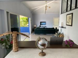 a living room with a palm tree and a laptop at Place2cu in Willemstad