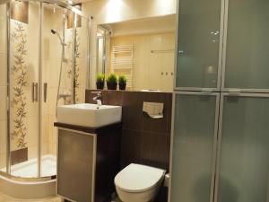 a bathroom with a toilet and a sink and a shower at Apartament Centrum Koszalin in Koszalin