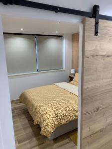a bedroom with a bed and a large window at La Panne Appartement en bord de mer - La Vie Bohème in De Panne