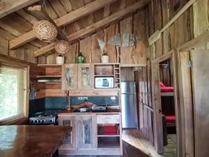 a kitchen with wood paneling and a stove and refrigerator at Cabaña Rústica Pellin in Pucón