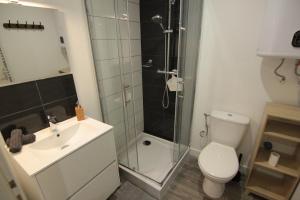 La salle de bains est pourvue d'une douche, de toilettes et d'un lavabo. dans l'établissement Jolis Appartements au coeur de Clermont Ferrand - Proche Jaude - WIFI et NETFLIX, à Clermont-Ferrand