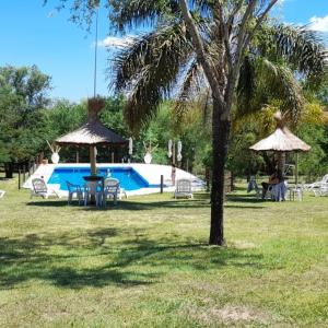 a pool with tables and umbrellas in a park at Lomas de Belgrano in Villa General Belgrano