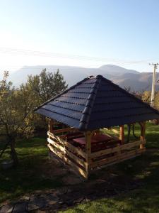 un gazebo con tetto nero su un campo di Seoska kuća Rakić - Tara a Rastište