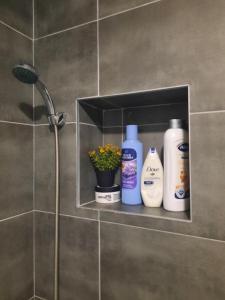 a bathroom with three bottles of soap and a shower at Apartman Centar Novi Grad in Bosanski Novi