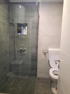 uma casa de banho com um chuveiro e um WC. em Apartman Centar Novi Grad em Bosanski Novi