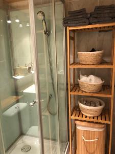 La salle de bains est pourvue d'une douche avec une porte en verre. dans l'établissement Cocon au cœur de Yvoire avec parking gratuit, à Yvoire